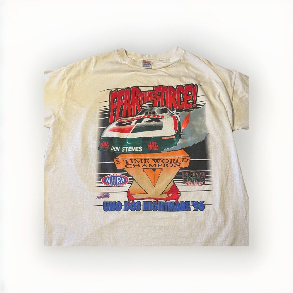 VINTAGE JERZEES 1996 NHRA 5 TIME CHAMPION DON STEVES PRINT - BOTH SIDES MEN'S XL